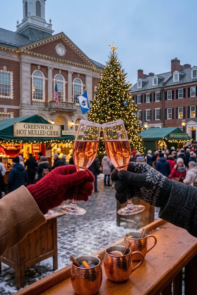 Two glasses of wine toasting in front of a Christmas tree