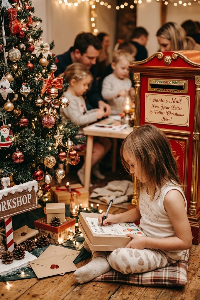 Child writing beside a lit Christmas tree
